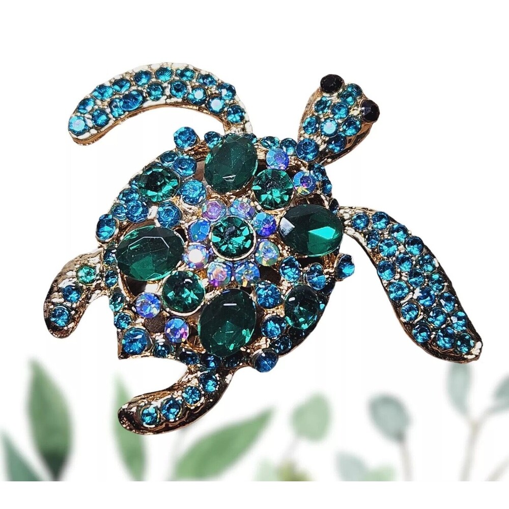 Ocean Sea Turtle Brooch Aurora Borealis Green & Blue Rhinestones Tortoise Pin